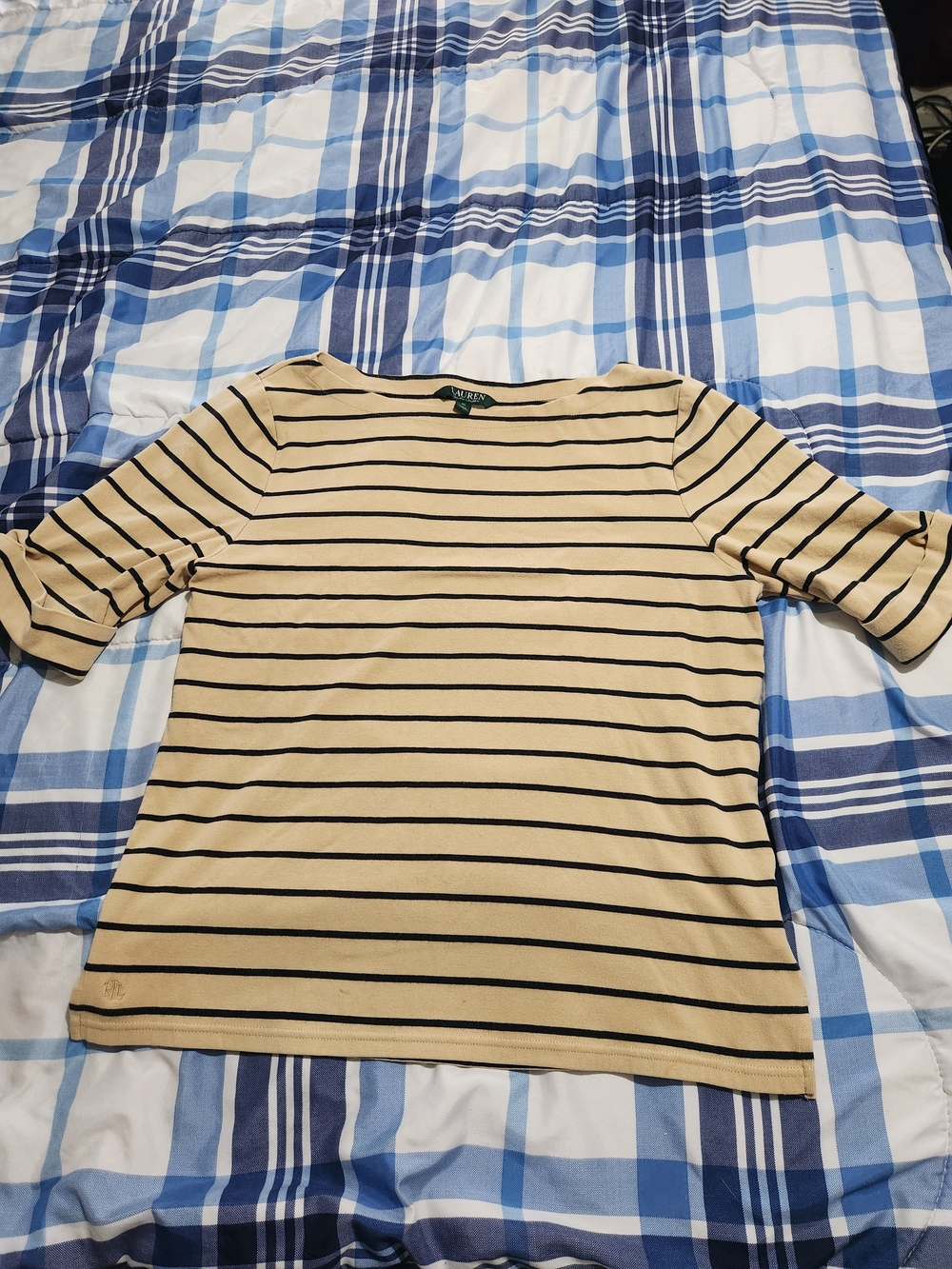 Ralph Lauren Beige and Navy Striped Boatneck Tee